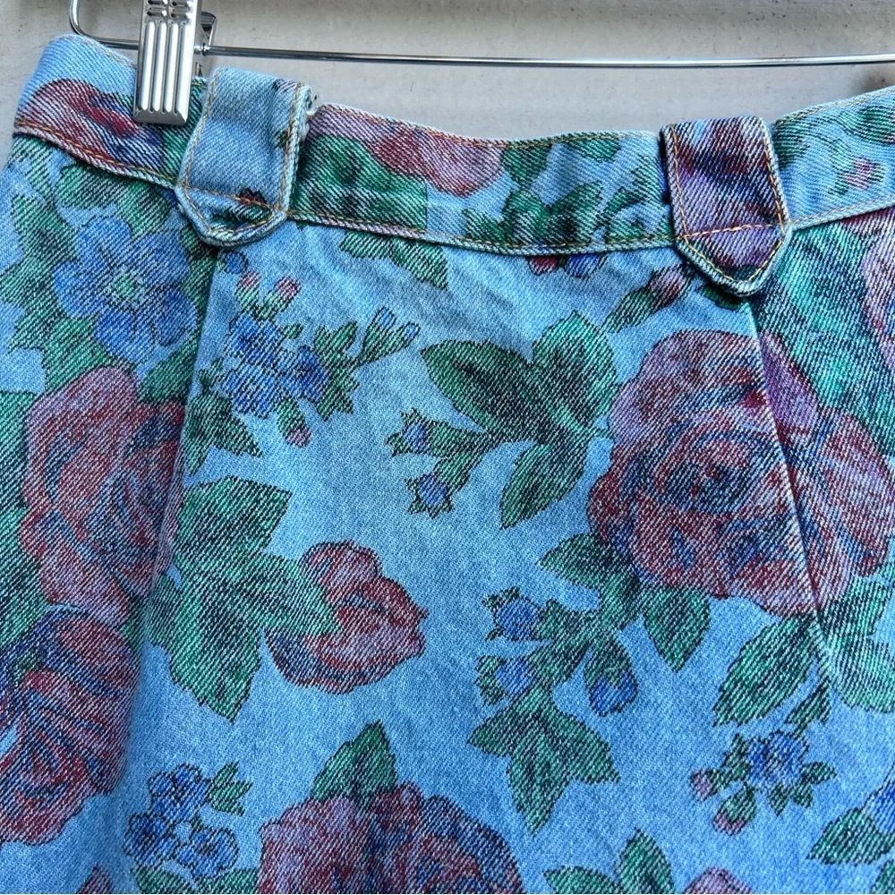 Vintage Floral Denim Skirt Side Buttons Midi Maxi 80s 90s Y2K Grunge Size XXS